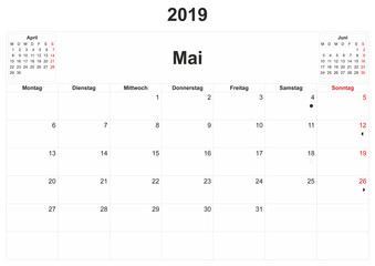 2019 German monthly calendar with white background.