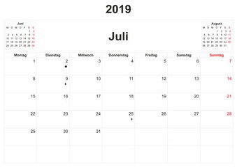 2019 German monthly calendar with white background.