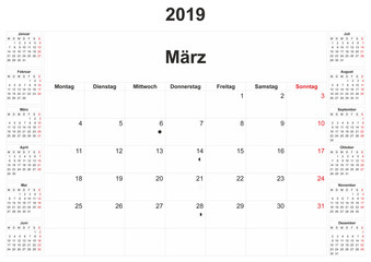 2019 German monthly calendar with white background.