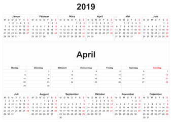 2019 German monthly calendar with white background.