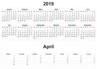 2019 German monthly calendar with white background.