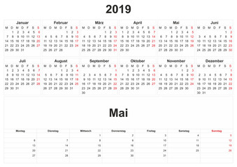 2019 German monthly calendar with white background.