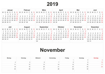 2019 German monthly calendar with white background.