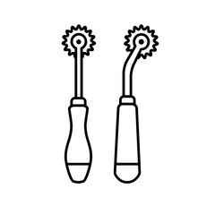 Black & white illustration of sewing pattern tracer . Vector line icon of tracing wheel. Isolated object