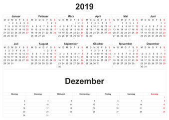 2019 German monthly calendar with white background.