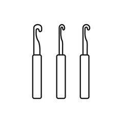 Black & white illustration of knitting needle kit. Vector line icon of crochet hook set. Isolated object
