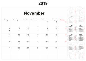 2019 German monthly calendar with white background.