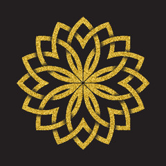 Golden glittering logo symbol in Celtic style on black background. Tribal symbol in circular mandala form. Gold stamp for jewelry design.