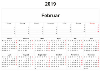 2019 German monthly calendar with white background.