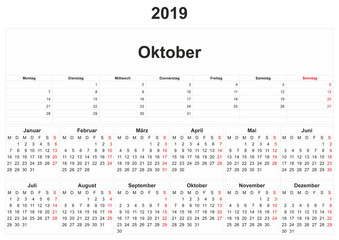 2019 German monthly calendar with white background.