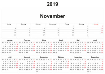 2019 German monthly calendar with white background.