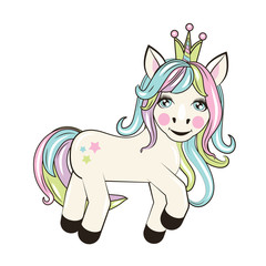 beautiful unicorn with crown stands sideways