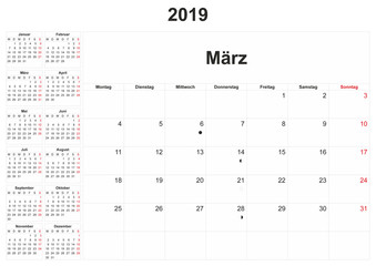 2019 German monthly calendar with white background.