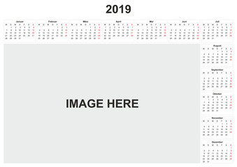 2019 German monthly calendar with white background.
