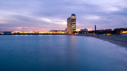 Fototapeta premium Beach blue hour, Barcelona, Catalonia, Spain