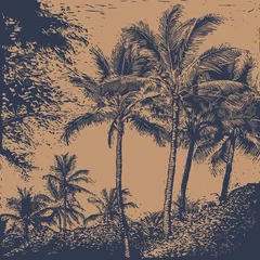 Gordijnen tropisch landschap met palmbomen. linosnede stijl. vectorillustratie. © Jumpingsack