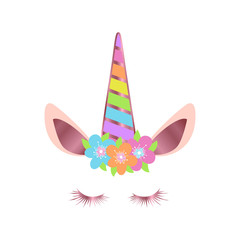 Happy unicorn face with flowers vector.