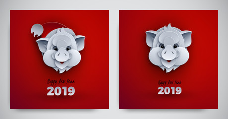 Happy new year banners set, paper head of the pig, 2019 animal symbol, text happy new year. Backgrounds collection for poster, greeting card, banner design, paper cutout art style, vector illustration