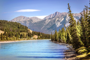 Beautiful lake with pine trees around with rock mountains in a blue sky day during the summer at Banff National Park in Canada