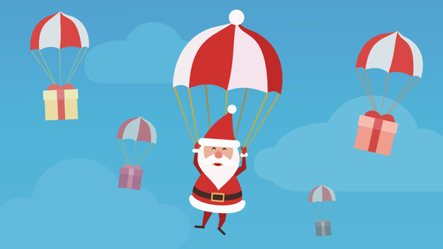 P&egrave;re no&euml;l en parachute et ses cadeaux (flat design)