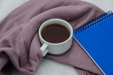 a cup of tea, a notebook, a pencil and a blanket against the background of snow