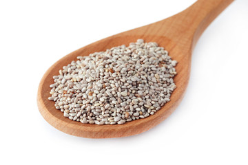 White chia seeds in wooden spoon isolated on white background