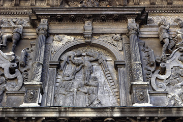 Fragment of the exterior of Chapel of Boim in Lviv, Ukraine. Decoration of facade of Chapel of Boim. It's a part of Lviv's Old Town, a UNESCO World Heritage Site.