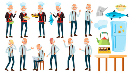 Asian Old Man Poses Set Vector. Elderly People. Senior Person. Aged. Chef In Restaurant. Rolls, Fish. Presentation, Print, Invitation Design. Isolated Cartoon Illustration
