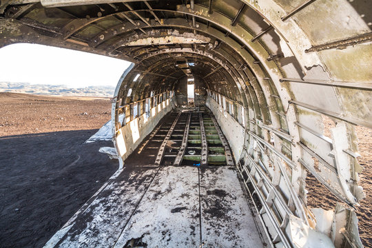 Inside the DC-3 plane wreck in Iceland at morning time