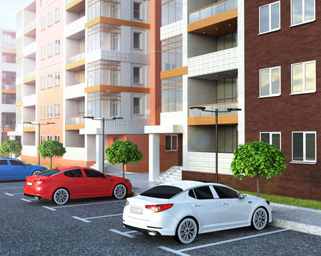 car parking near residential building, 3d illustration