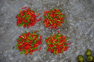 Four piles of tiny red and green hot chili peppers on a gray background
