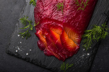 Gravlax,  scandinavian beet cured salmon