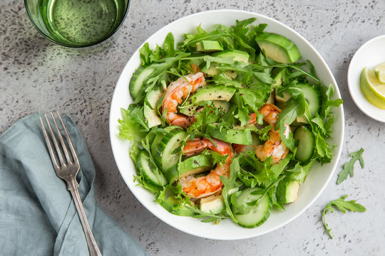 Healthy Avocado And Prawn Salad In White  Bowl