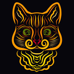 Colorful pattern on a black background, cute cat's head