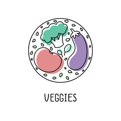 Vegetables linear circle icon set. Broccoli, tomato and eggplant line art color fill icons. Veggies lettering. Vector EPS10