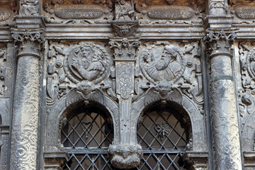 Fragment of the exterior of Chapel of Boim in Lviv, Ukraine. Decoration of facade of Chapel of Boim. It's a part of Lviv's Old Town, a UNESCO World Heritage Site.