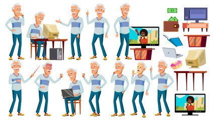 Asian Old Man Poses Set Vector. Gray Hair. Elderly People. Senior Person. Aged. Positive Pensioner. Web, Brochure, Poster Design. Isolated Cartoon Illustration