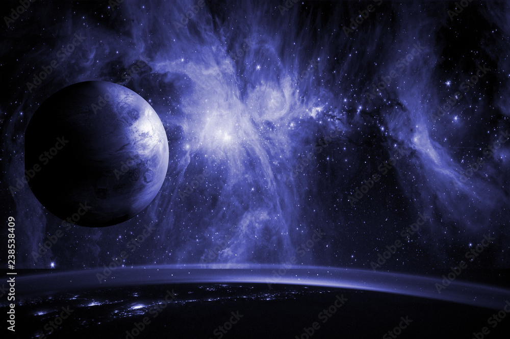 Sticker close up planet earth biosphere in space with stars and galaxy on background. elements of this image