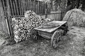 Fototapeta na wymiar Country life. Old wooden cart without a horse