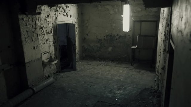 Horror scene of a walking dead zombie scientist, shooting hidden camera