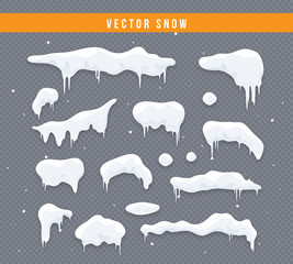 Snow caps, snowballs and snowdrifts set. Snow cap vector collection. Winter decoration element. Snowy elements on winter background. Cartoon template. Snowfall and snowflakes in motion. Illustration.