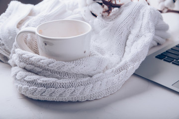 Cozy home still life cup and laptop with warm plaid. Work from home concept. Copy space