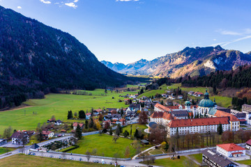 Aerial view, Benedictine abbey Ettal monastery, Ettal, Oberammergau, Bavaria, Germany - obrazy, fototapety, plakaty