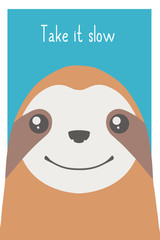 Portrait of happy sloth face on teal background graphiccartoon style illustration © Firn