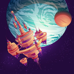Future deep space exploration cartoon vector with intergalactic space station, colony or metropolis flying on Earth or exoplanet orbit illustration. Futuristic extraterrestrial starship among stars
