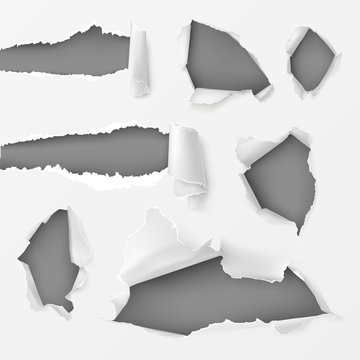 Set of various shape holes and gaps with ripped and scrolled edges in white paper sheet 3d realistic vector. Torn and damaged background with copyspace template, web design graphic element collection