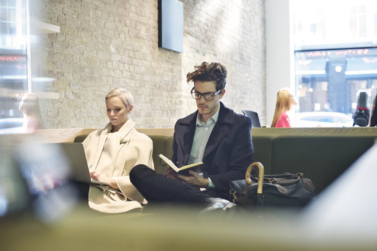 Business colleagues in a company reception area