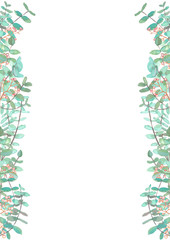 Symmetrical green botanical border with eucalyptus branches and pink berries painted in watercolor on clean white background