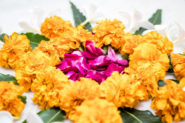 Diwali decoration with Marigold Flower and rangoli