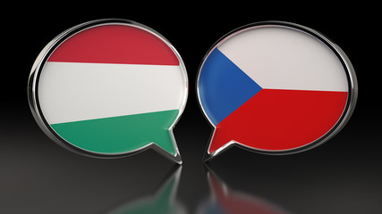 Obraz premium Hungary and United Kingdom flags with Speech Bubbles. 3D illustration